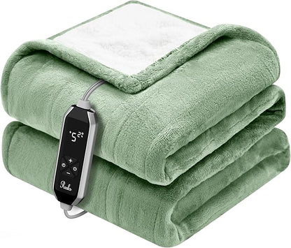 Reaks Heated Blanket Throw, 50×60 Inches, Fast Heating Blanket 10 Heat & 9 Timer Settings, Electric Blanket Soft Flannel Sherpa, Automatic Power Off Function, ETL & FCC, Machine Washable, Green