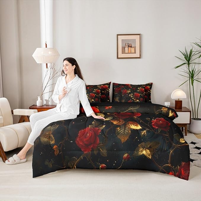 Erosebridal Rose King Comforter Set Rosy Floral 7-Piece Bed in A Bag Gothic Flowers Victorian Garden Romantic Sheets and Pillowcases Gold Red Bed Sets