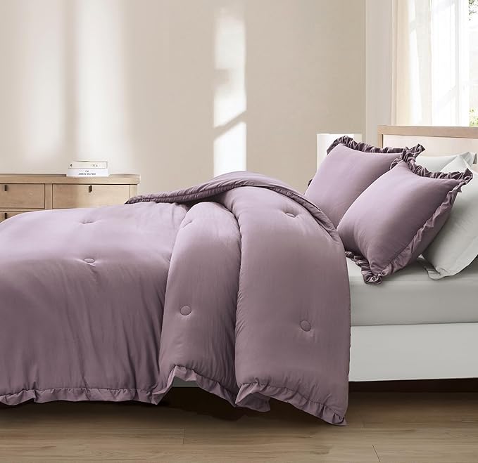 Chezmoi Collection Nora Mauve Comforter Set Full Size 3-Piece Fluffy Soft Stone-Washed Ruffled Shabby Chic Bedding for All Season