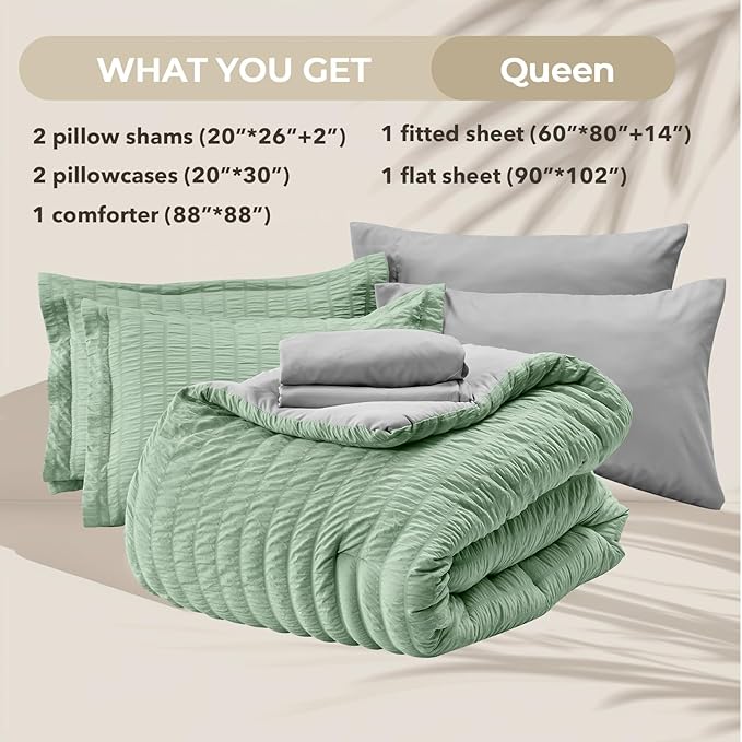 HYMOKEGE Sage Green/Light Grey Queen Comforter Set Seersucker 7 Pieces, All Season Luxury Bed in a Bag Queen for Bedroom, Bedding Set with Comforter, Sheets, Pillowcases & Shams