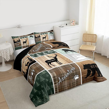 Retro Cabin Comforter Set 3Pcs, Pine Tree Buffalo Plaid Quilt Bear Deer Elk Bedding, Forest Wildlife Woodland Animals Duvet Insert Hunting Lodge Country Rustic Farmhouse Bedroom Decor, King Size