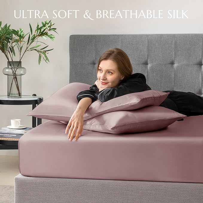 THXSILK 100% Mulberry Silk Fitted Sheet Set, 7A+ Silk 3 Pieces Bed Sheets, Breathable, Smooth, 16 Inch Deep Pocket Fitted Sheet, 2 Pillowcases - Purple, Twin