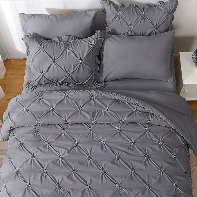 JOLLYVOGUE King Size Comforter Set 7 Pieces, Pintuck Dark Grey Bed in a Bag Comforter Set for Bedroom, Beddding Sets with Comforter, Sheets,Ruffled Shams & Pillowcases