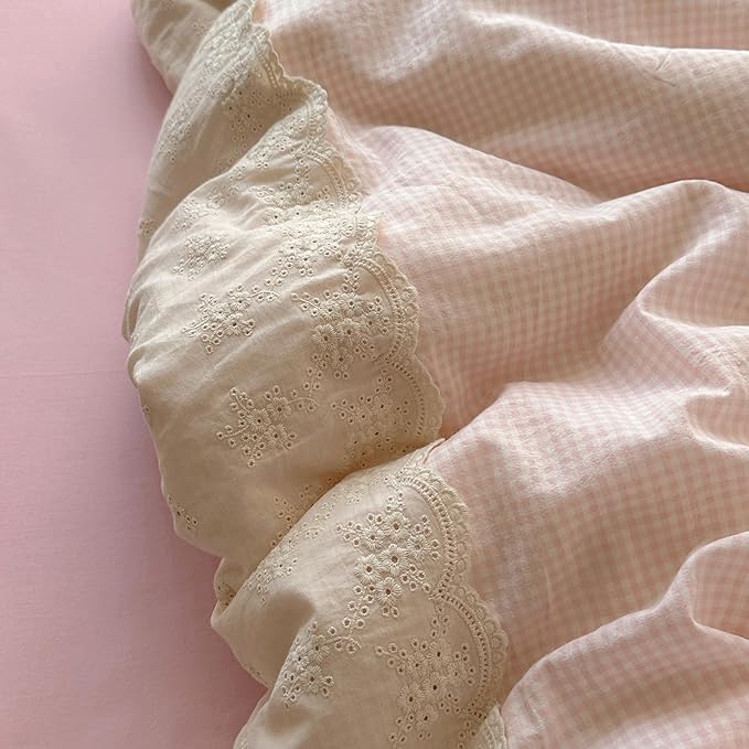 mixinni Light Pink Gingham Comforter Set King - 3 Piece Soft Washed Microfiber Plaid Bedding Set with Lace Trim, All Seasons Fluffy Comforter & Pillowcases, Farmhouse French Country Aesthetic