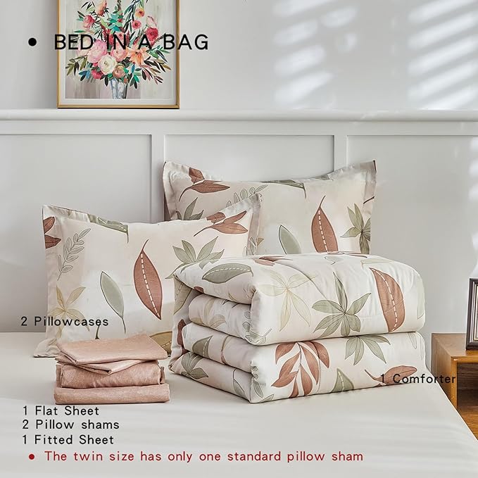 AIKASY 7-Piece Comforter Set Bed in a Bag, Beige Leaf Pattern Bedding Set with Comforter, Soft and Cozy All-Season Bedroom Decor (Queen, Beige)