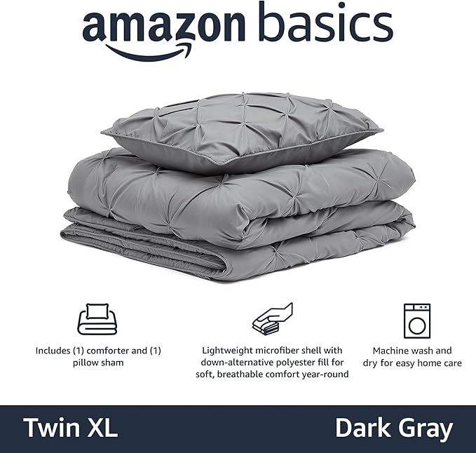 Amazon Basics 2 Piece Soft, Lightweight Down-Alternative All-Season Comforter and Bedding Set, Pinch Pleat, Twin/TwinXL, Dark Grey