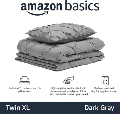 Amazon Basics 2 Piece Soft, Lightweight Down-Alternative All-Season Comforter and Bedding Set, Pinch Pleat, Twin/TwinXL, Dark Grey