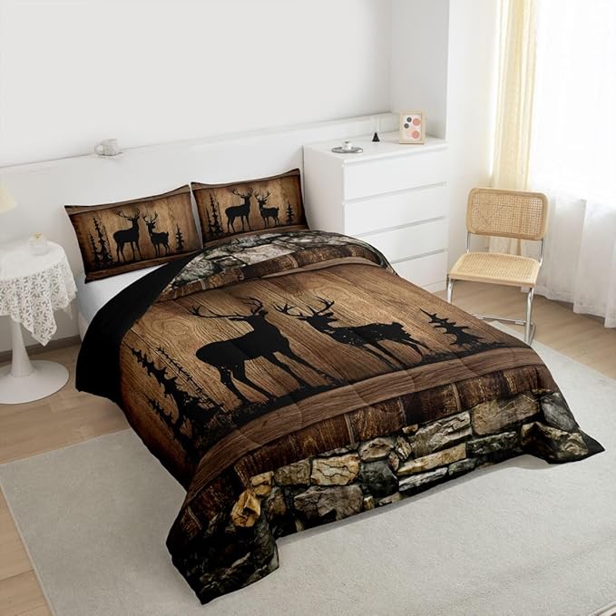 Erosebridal Hunting Deer Comforter Set Rustic Cabin Western Full Bedding Sets for Boys Girls Kids Woodland Wildlife Print Comforter Farmhouse Wooden Stone Decor Quilt Duvet 3 Pcs