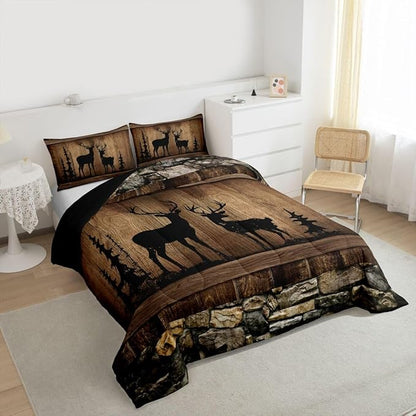 Erosebridal Hunting Deer Comforter Set Rustic Cabin Western Full Bedding Sets for Boys Girls Kids Woodland Wildlife Print Comforter Farmhouse Wooden Stone Decor Quilt Duvet 3 Pcs