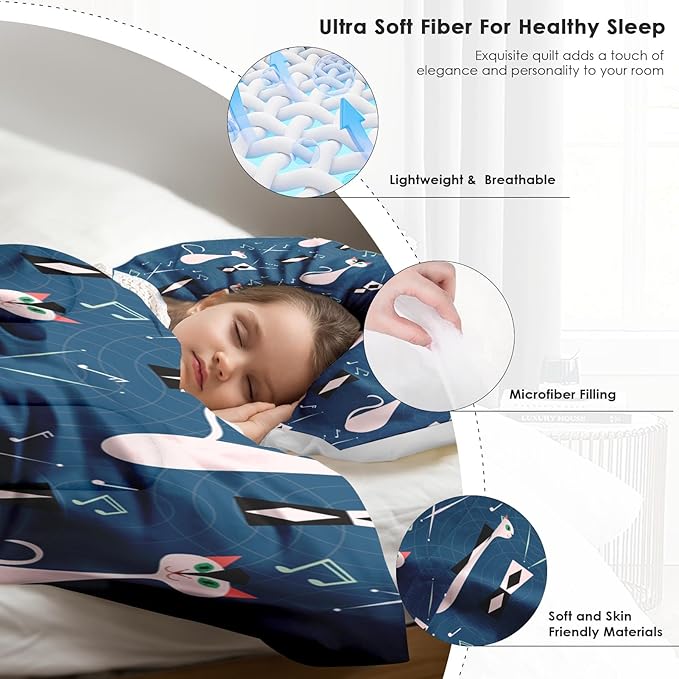 Comforter Set Twin Size, Musical Cat Blue 2 Pcs Soft Bedding Set for Kids and Adults, Pink Green Mid Century Comforter Set with Pillowcase, for Bedroom Bed Decor