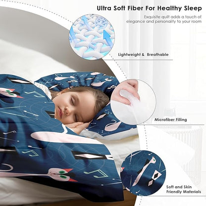 Comforter Set Twin Size, Musical Cat Blue 2 Pcs Soft Bedding Set for Kids and Adults, Pink Green Mid Century Comforter Set with Pillowcase, for Bedroom Bed Decor