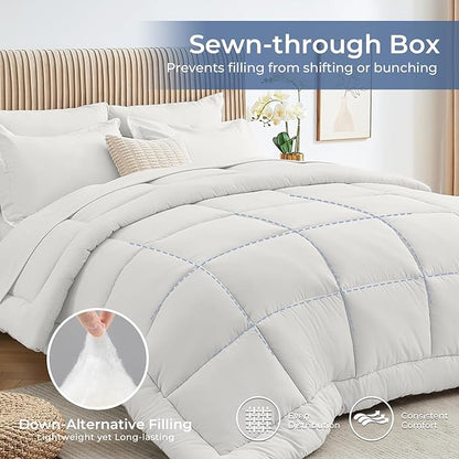Sasttie Oversized Queen Comforter Set, 7 Pieces Reversible Bed in a Bag, Complete Bedding Set Includes 98''x98'' Comforter, Flat Sheet, Fitted Sheet, Pillowcases and Pillow Shams, Ivory