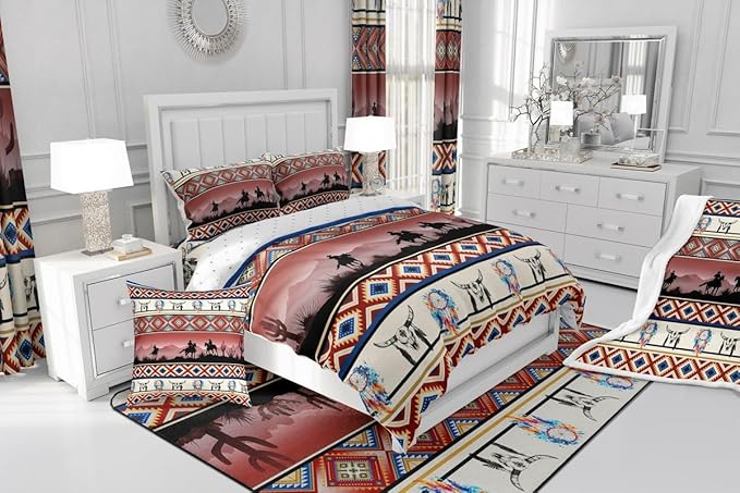 Horse Decor Western Comforter Set Twin,Farm Animals Quilt Indian Tribal Geometric Aztec Bedding Sets,Exotic Dream Catchers Feather Duvet Insert Farmhouse Western Room Decor,Red