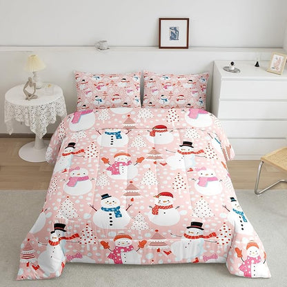 Cute Snowman Bedding Set Full Size Cartoon Christmas Tree Comforter Set 3Pcs Red White Dots Print Theme Quilt Set for Kids Girls Boys Room Decor Watercolor Pink Duvet Insert,2 Pillowcases