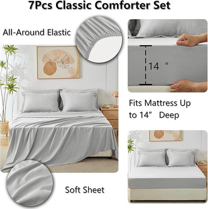 CozyLux Full Size Comforter Sets Light Grey - 7 Pieces Bed in a Bag Full, Luxury Soft Bed Set for All Seasons, Bedding Set with Down Alternative Comforter, Sheets, Pillowcases & Shams