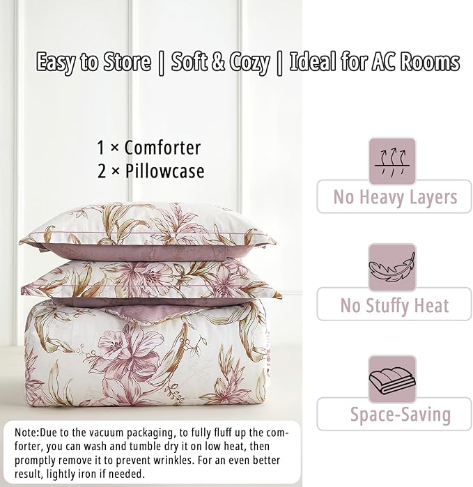 Floral Cotton Comforter King Size 3Pcs - Pink Flowers on Botanical Textured Beige Front, Mauve Taupe Back, Reversible Lightweight Bedding Sets with Soft Fill(King, 104"×90")