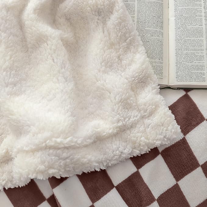 LOMAO Sherpa Throw Blanket Fleece Blanket with Checkered Pattern Soft Thick Blanket for Couch, Bed, Sofa Luxurious Warm and Cozy for All Seasons (Coffee, 60"x80")