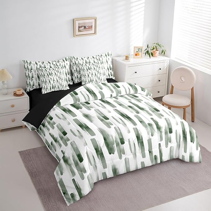 Erosebridal 7Pcs Sage Green Striped Comforter Set King Size,Green and White Geometric Abstract Bed in A Bag,Art Aesthetic Ink Painting Bedding,Contemporary Watercolor Graffiti Boho Quilt