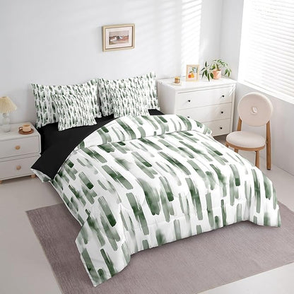 Erosebridal 7Pcs Sage Green Striped Comforter Set King Size,Green and White Geometric Abstract Bed in A Bag,Art Aesthetic Ink Painting Bedding,Contemporary Watercolor Graffiti Boho Quilt