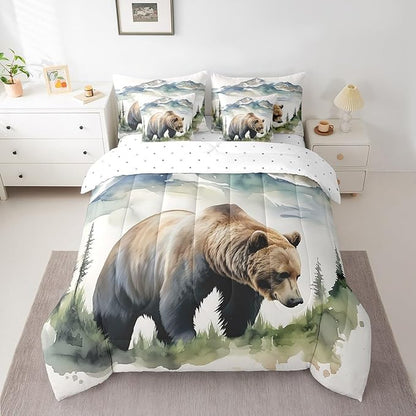Erosebridal Rustic Bear Full Bedding Set, Wild Woodland Animal Bed in A Bag,Bear Hunting Comforter Sets with Sheets, Watercolor Animal Theme 7 Pieces Bed Set Bedroom Decor