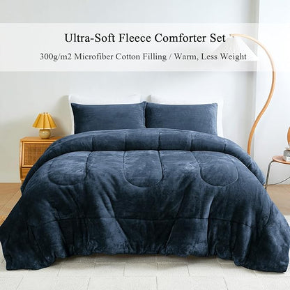 Faux Fur Comforter Set, Ultra Soft Warm Plush Velvet Comforter, Fluffy Fuzzy Fleece Bedding Comforter Sets for Fall Winter, No Shedding, 3PC, King Size, Blue