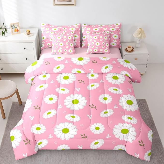 Feelyou Daisy Comforter Set with Sheets 7 Piece Twin Size Botanical Floral Printed Bed in a Bag Kids Boys Girls Blossom Flowers Pattern Bedding Set Pink Bedroom Decor Microfiber