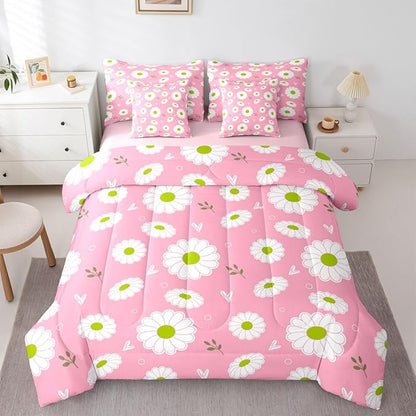 Feelyou Daisy Comforter Set with Sheets 7 Piece Twin Size Botanical Floral Printed Bed in a Bag Kids Boys Girls Blossom Flowers Pattern Bedding Set Pink Bedroom Decor Microfiber