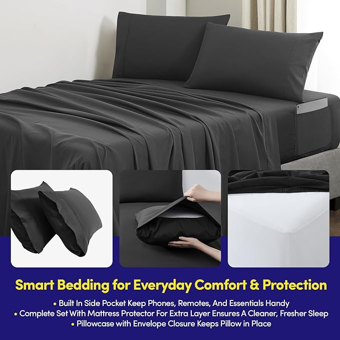 Full Size Comforter Set Quilted Stripe Bedding Bundle – Stylish Set with Comforter, Mattress Protector, Sheet Set & Pillow Shams — Sophisticated Striped Design for Home & Guest Rooms, Black