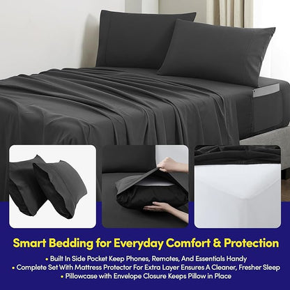 Queen Comforter Set Quilted Stripe Bedding Bundle – Stylish Set with Comforter, Mattress Protector, Sheet Set & Pillow Shams — Sophisticated Striped Design for Home & Guest Rooms, Black