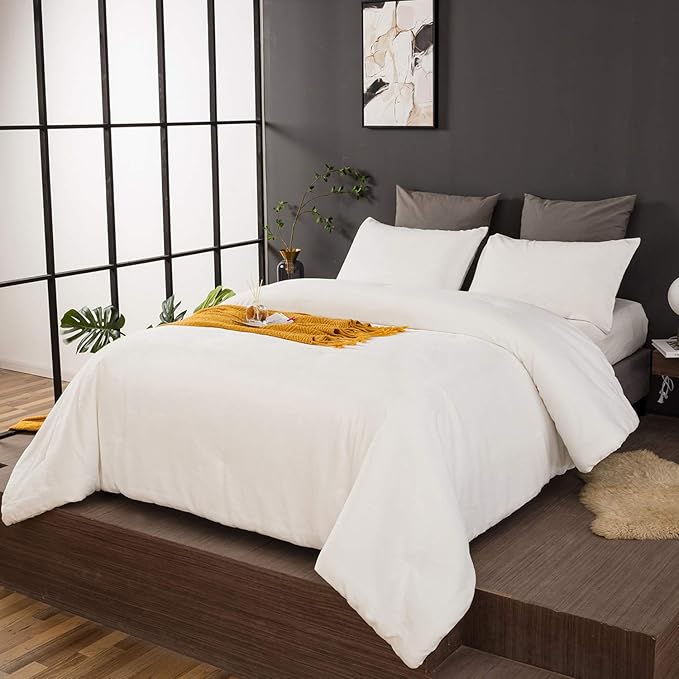 Luxlovery Fluffy White Velvet Comforter Set - Full, Plush, Warm Sherpa Micromink Comforter with 2 Pillowcases