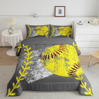 Softball Bedding Full Size,Softball Comforter Set for Girls All Season Soft,Baseball Down Comforter for Kids Youth Man Dorm Decor,Vintage Tie Dyed Quilted Duvet with 2 Pillowcases Lightweight Warm