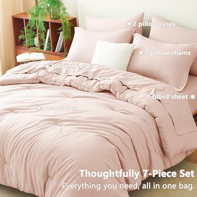 CozyLux King Size Comforter Set Blush Pink, 7 Pieces Bed in a Bag King Comforter Set with Sheets, Bedding Set with Down Alternative Comforter, Fitted Sheets, Flat Sheets, Pillow Shams and Pillowcases