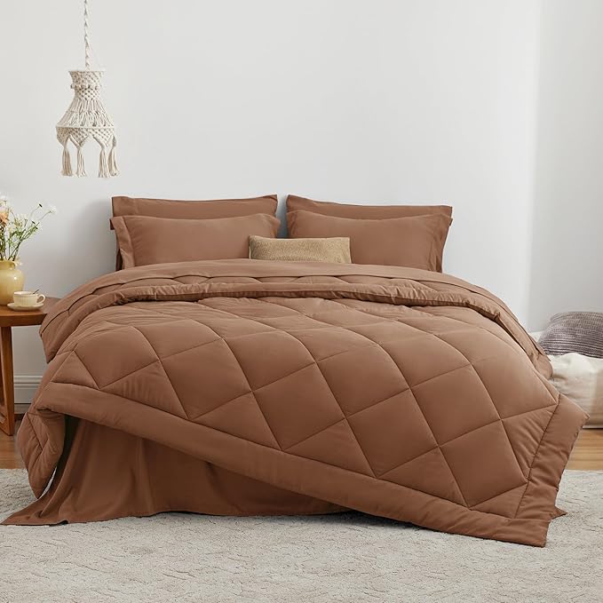 Love's cabin Queen Comforter Set Mocha Mousse, 7 Pieces Queen Bed in a Bag, All Season Bedding Sets with 1 Comforter, 1 Flat Sheet, 1 Fitted Sheet, 2 Pillowcase and 2 Pillow Sham