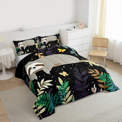 Feelyou Sloth Comforter Cute Sloth Bedding Set Toddler Size for Kids Boys Girls Galaxy Butterfly Comforter Set Botanical Leaves Inner Fill Duvet Set 1 Comforter Set with 1 Pillowcase