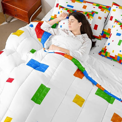 Boys Construction Kids Bedding Sets Queen Size 7 Pcs,Building Block Gaming Comforter Set for Girls Boys Room Decor,Cartoon Watercolor Brick Fitted Flat Sheet with 2 Throw Pillow Covers 2 Pillowcases