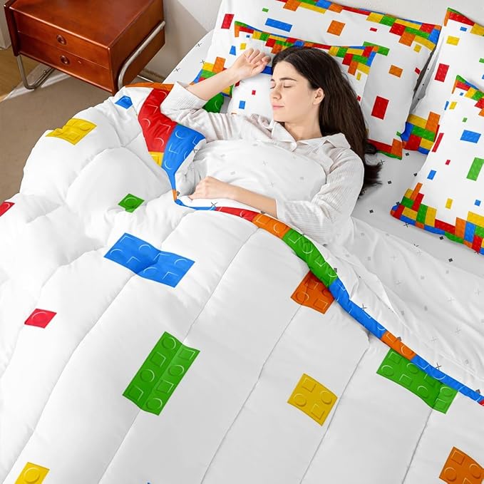 Boys Construction Kids Bedding Sets King Size 7 Pcs,Building Block Gaming Comforter Set for Girls Boys Room Decor,Cartoon Watercolor Brick Fitted Flat Sheet with 2 Throw Pillow Covers 2 Pillowcases