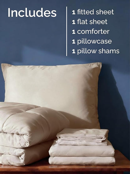 Twin XL Comforter Set - 5 Piece Bed in a Bag Twin XL Size Bed Set - Down Alternative Comforter, Flat Sheet, Fitted Sheet, Pillowcase & Sham for All Seasons - Ultra Soft, Comfy and Breathable - Wheat
