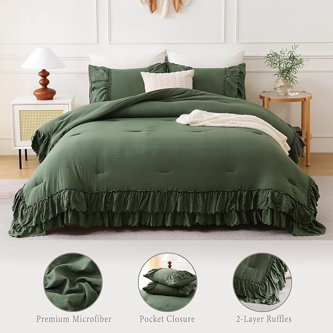 Herside Olive Green Ruffle Comforter Set King Size,Shabby Chic Boho Bedding Sets, Soft Fluffy Comforters Sets for All Season,Vintage Ruffled 3 Pcs Microfiber Lightweight Quilt Set for Women Girls