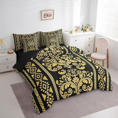 Comforter Set Queen Size, Black Gold Damask Aztec 7 Pcs Bedding for Kids and Adults, Baroque Western Boho Gothic Floral Bed Sheet Sets with Fitted Sheet 2 Pillowcases & 2 Shams for Bedroom Bed Decor