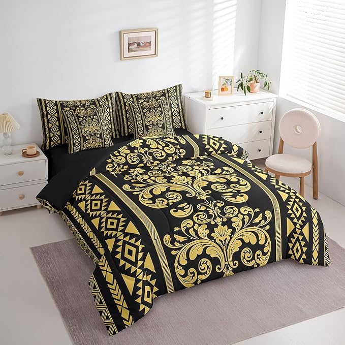 Comforter Set Full Size, Black Gold Damask Aztec 7 Pcs Bedding for Kids and Adults, Antique Decor Western Baroque Gothic Bed Sheet Sets with Fitted Sheet 2 Pillowcases & 2 Shams for Bedroom Bed Decor