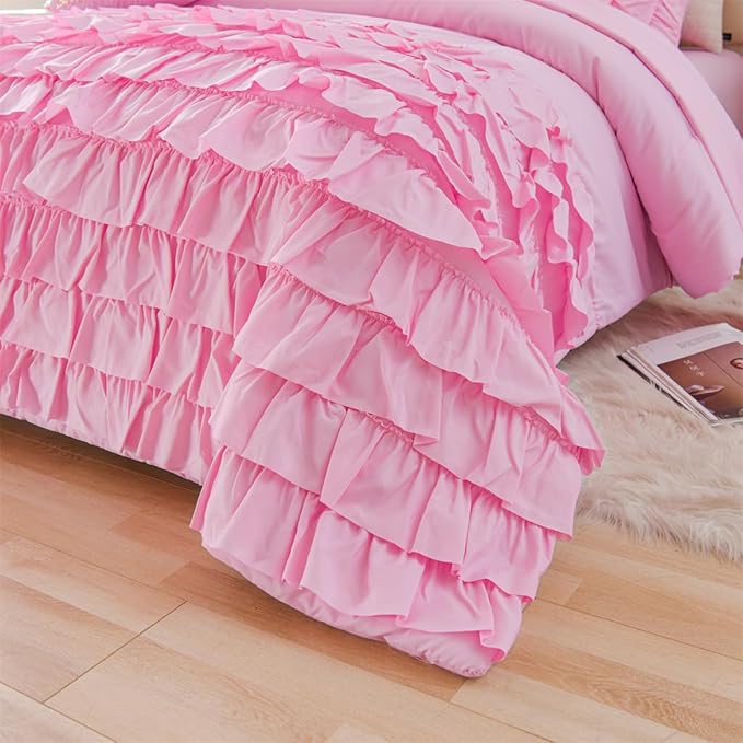 Holawakaka Pink Waterfall Ruffle Comforter Set Full Size Multi-Layers Ruffled Shabby Chic 3PCS Bedding Set for Girls Women, Kids Teens Ruched Dorm Bed Set