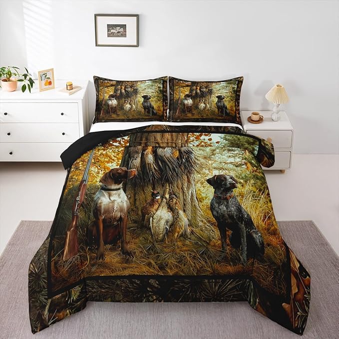 Erosebridal Pheasant Hunting Comforter Set King Size Black Dog Bedding Set Boho Farmhouse Wild Animals Down Comforter Woodland Leaves Hunter Gun Room Decor Quilt Set for Men Boys Adults Kid