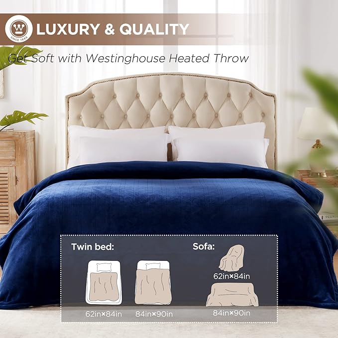 Westinghouse Heated Blanket Twin Size, Electric Heating Blanket with 10 Heating Levels, 1-12 Hours Auto Shut Off, Fast Heating Warming Blanket, Machine Washable (Twin, 62x84 Inches, Navy Blue)