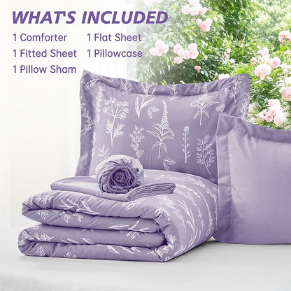 MUXHOMO Lavender Twin Comforter Set, Elegant Floral Print Bed in a Bag 5 Pieces, Ultra Soft & Breathable Reversible Botanical Pattern Bedding Set with Comforter, Sheets, Pillowcase, and Sham