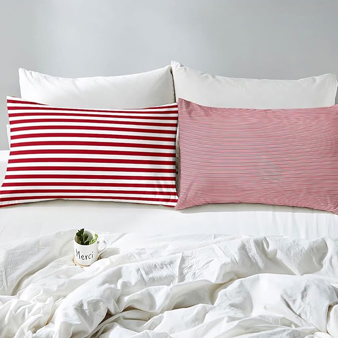 Girl Stripe Comforter Set Queen Size Red White Ticking Stripes Bedding Set Bedroom Decor Horizontal Striped Lines Reversible Down Comforter for Kids Women Modern Abstract Soft Lightweight Duvet Set
