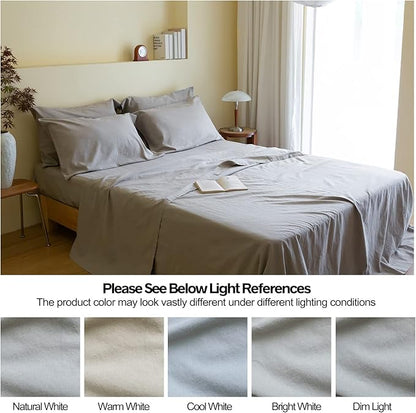 Simple&Opulence Belgian Linen Sheet Set Solid Color - 6 Pieces (1 Flat Sheet & 1 Fitted Sheet & 4 Pillowcases) 16" Deep Pocket Natural Flax Cotton Blended Soft Bedding - Grey, Queen Size