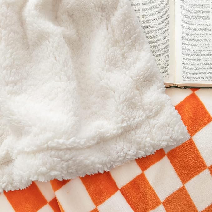 LOMAO Sherpa Throw Blanket Fleece Blanket with Checkered Pattern Soft Thick Blanket for Couch, Bed, Sofa Luxurious Warm and Cozy for All Seasons (Orange, 51"x63")