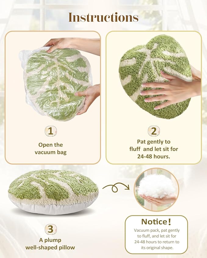 Leaf Shaped Throw Pillow - Cute Plush Plant Pillow for Couch, Sofa, or Living Room, 16.5" x 10.6" Green Monstera Decorative Cushion for Home Decor