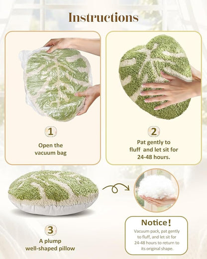 Leaf Shaped Throw Pillow - Cute Plush Plant Pillow for Couch, Sofa, or Living Room, 16.5" x 10.6" Green Monstera Decorative Cushion for Home Decor