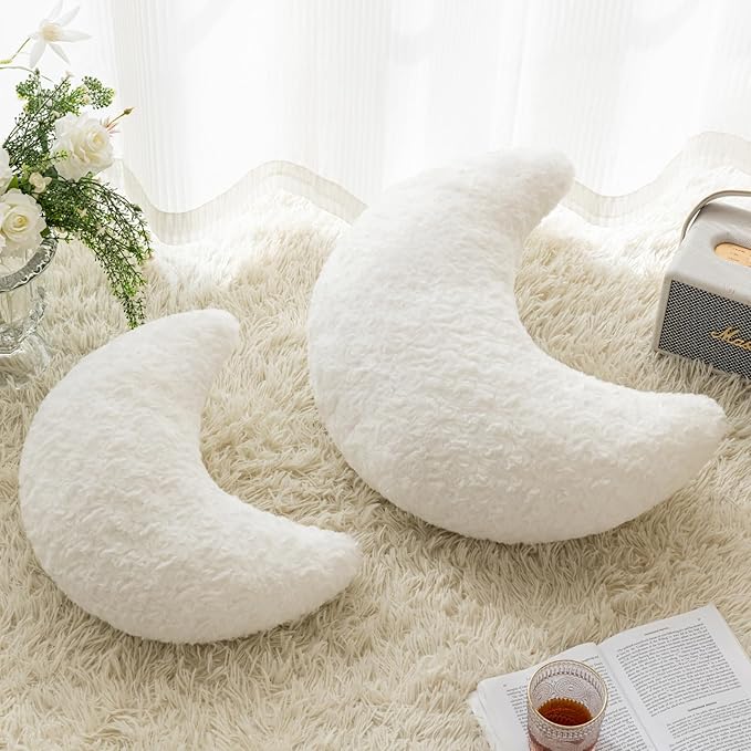 Moon Pillow, Decorative Throw Pillow with Soft Plush for Couch Bed, Cozy Moon Decorative Pillows for Bedroom Living Room, Home Décor Comfort Gift (White, 14.9 Inches)